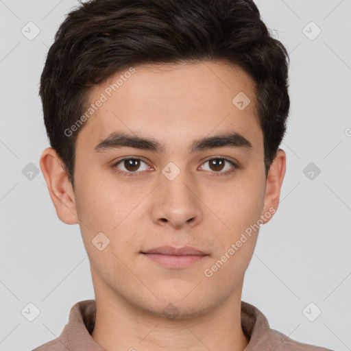 Neutral white young-adult male with short  brown hair and brown eyes
