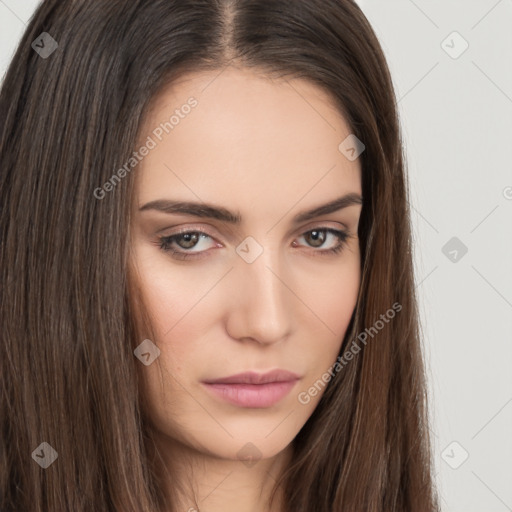 Neutral white young-adult female with long  brown hair and brown eyes