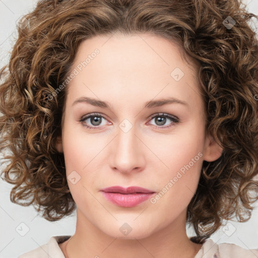 Joyful white young-adult female with medium  brown hair and green eyes