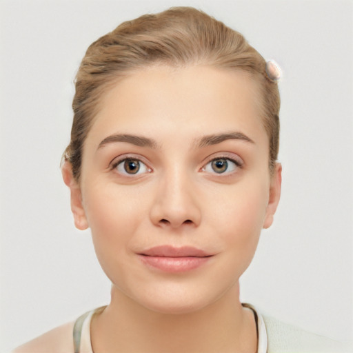 Neutral white young-adult female with short  brown hair and brown eyes