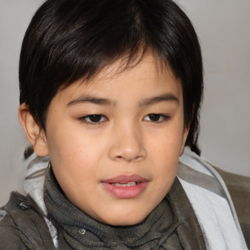 Joyful asian child female with medium  brown hair and brown eyes