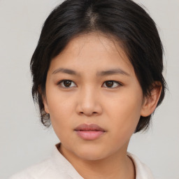 Neutral asian young-adult female with medium  brown hair and brown eyes