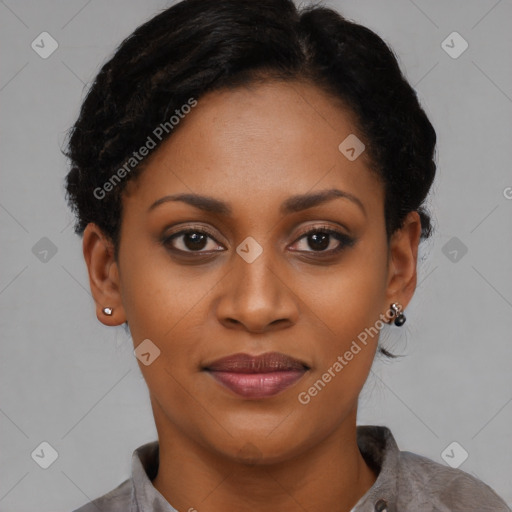 Joyful latino young-adult female with short  black hair and brown eyes