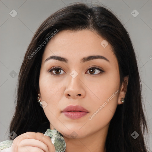 Neutral asian young-adult female with medium  brown hair and brown eyes