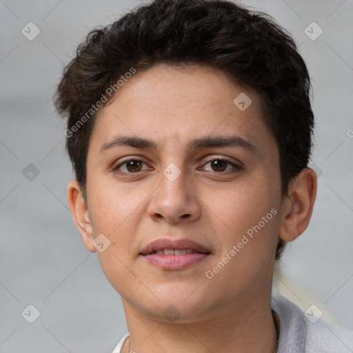 Joyful white young-adult female with short  brown hair and brown eyes