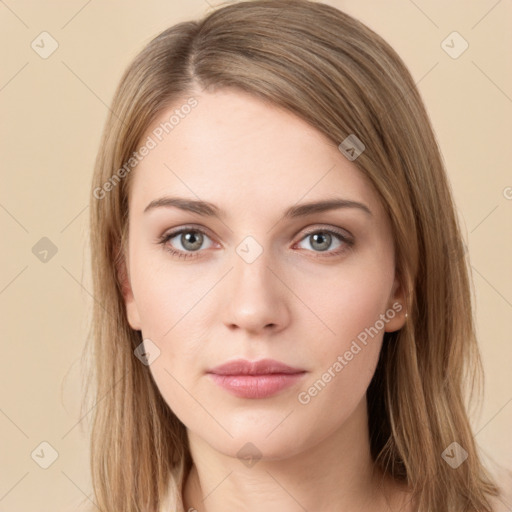 Neutral white young-adult female with long  brown hair and grey eyes