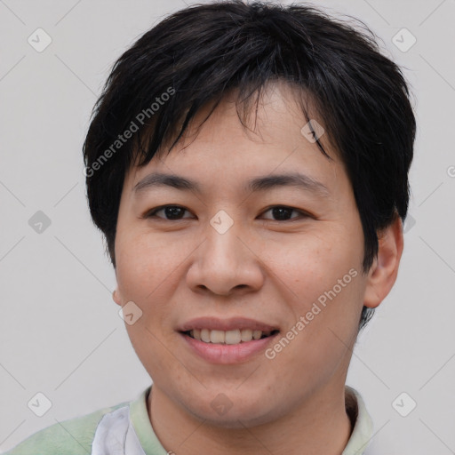 Joyful asian young-adult female with short  brown hair and brown eyes