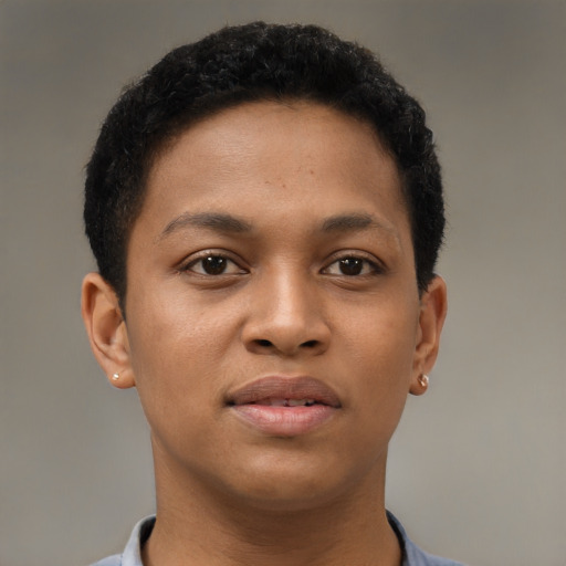 Neutral black young-adult female with short  brown hair and brown eyes