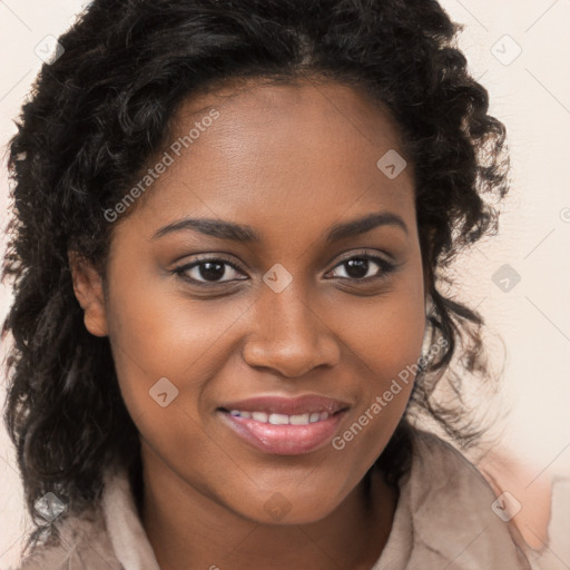 Joyful black young-adult female with long  brown hair and brown eyes