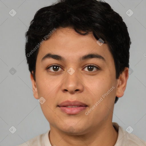 Joyful asian young-adult female with short  brown hair and brown eyes