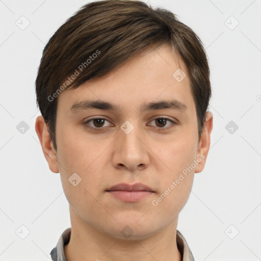 Neutral white young-adult male with short  brown hair and brown eyes