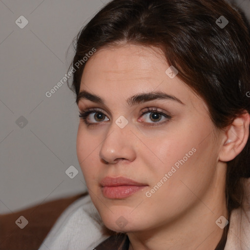 Neutral white young-adult female with medium  brown hair and brown eyes