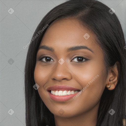 Joyful latino young-adult female with long  black hair and brown eyes