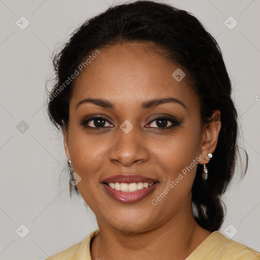 Joyful black young-adult female with medium  brown hair and brown eyes