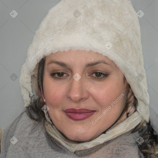 Joyful white adult female with medium  brown hair and blue eyes