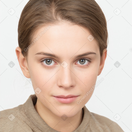 Neutral white young-adult female with short  brown hair and grey eyes