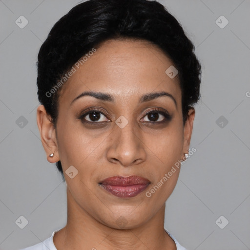 Joyful latino young-adult female with short  black hair and brown eyes