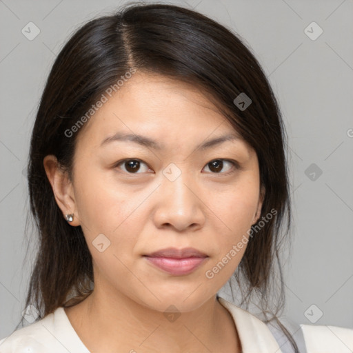 Neutral white young-adult female with medium  brown hair and brown eyes