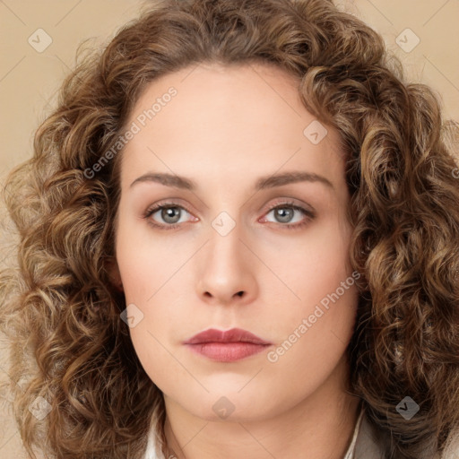 Neutral white young-adult female with long  brown hair and green eyes