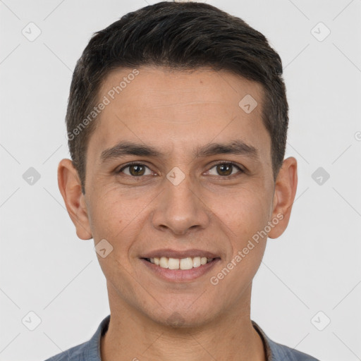 Joyful white young-adult male with short  brown hair and brown eyes