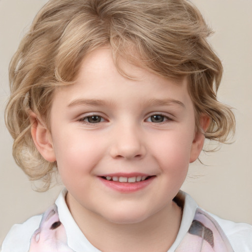 Joyful white child female with medium  blond hair and grey eyes