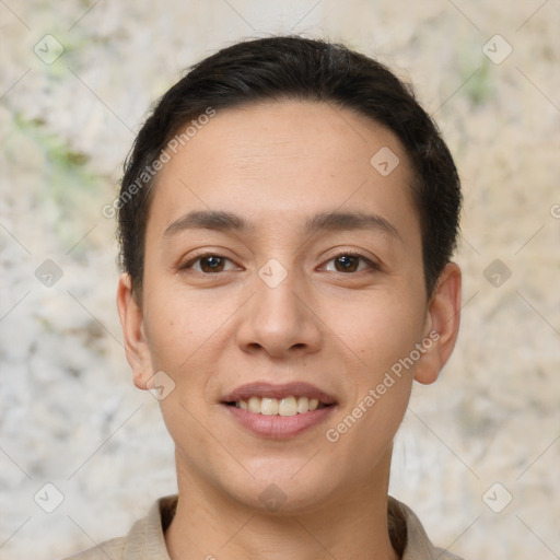 Joyful white young-adult male with short  brown hair and brown eyes