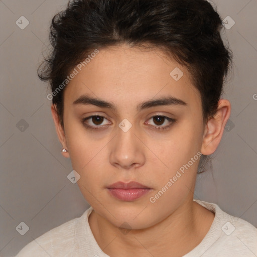 Neutral white young-adult female with short  brown hair and brown eyes