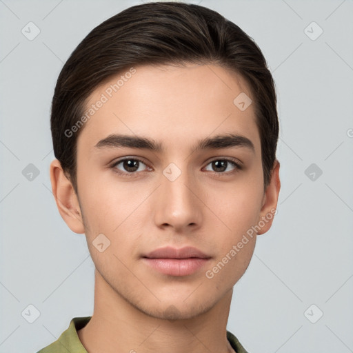 Neutral white young-adult male with short  brown hair and brown eyes