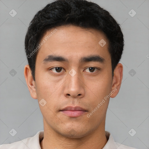 Neutral asian young-adult male with short  black hair and brown eyes