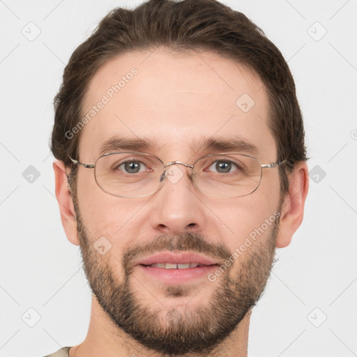 Joyful white adult male with short  brown hair and grey eyes