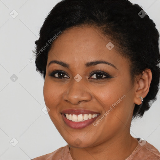 Joyful latino young-adult female with short  black hair and brown eyes