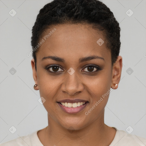 Joyful black young-adult female with short  brown hair and brown eyes