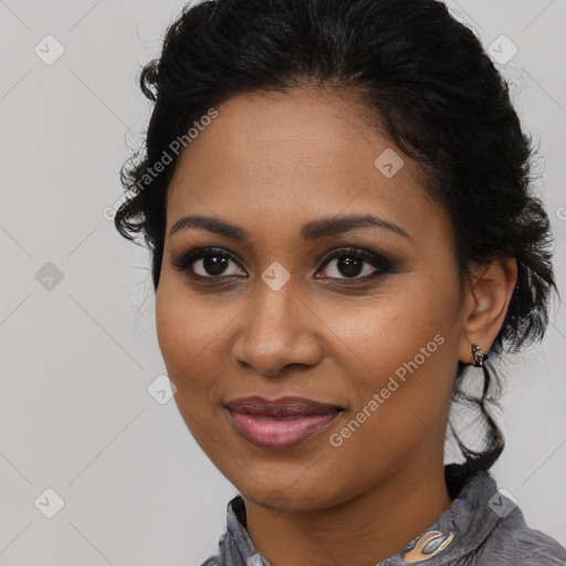 Joyful latino young-adult female with long  brown hair and brown eyes