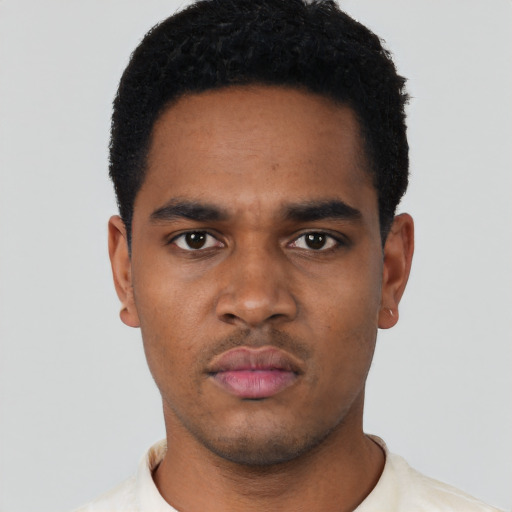 Neutral black young-adult male with short  black hair and brown eyes