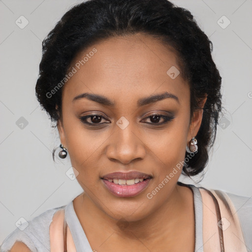 Joyful black young-adult female with long  black hair and brown eyes