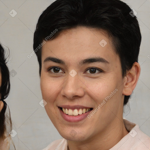 Joyful asian young-adult female with medium  brown hair and brown eyes