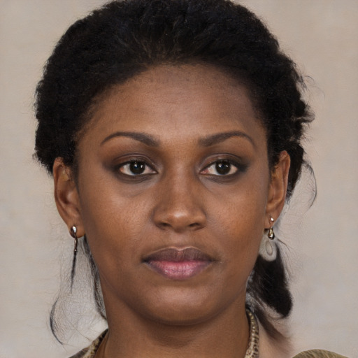 Neutral black young-adult female with long  brown hair and brown eyes