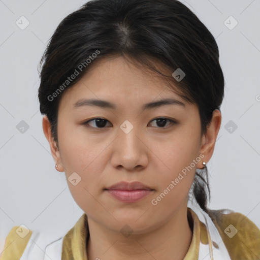 Neutral asian young-adult female with medium  brown hair and brown eyes