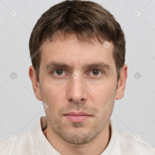 Neutral white young-adult male with short  brown hair and brown eyes