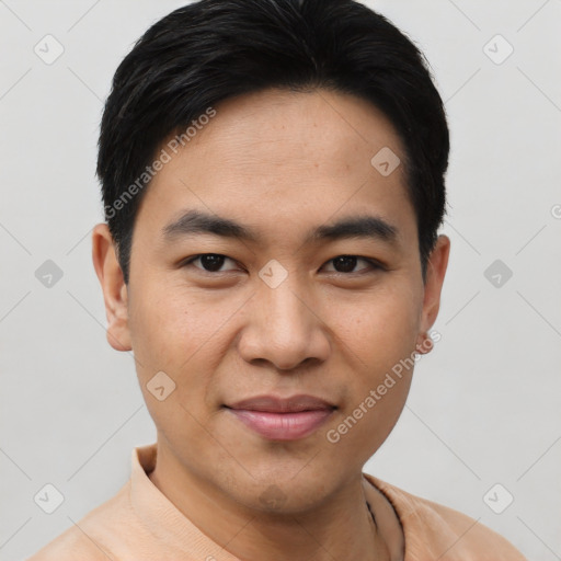 Joyful asian young-adult male with short  black hair and brown eyes