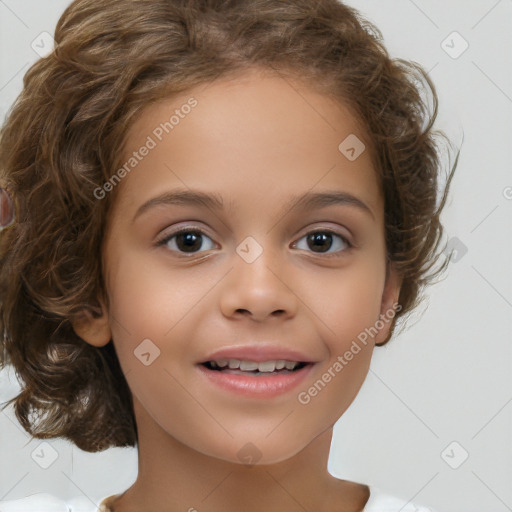 Joyful white child female with medium  brown hair and brown eyes