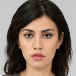 Neutral asian young-adult female with long  brown hair and brown eyes