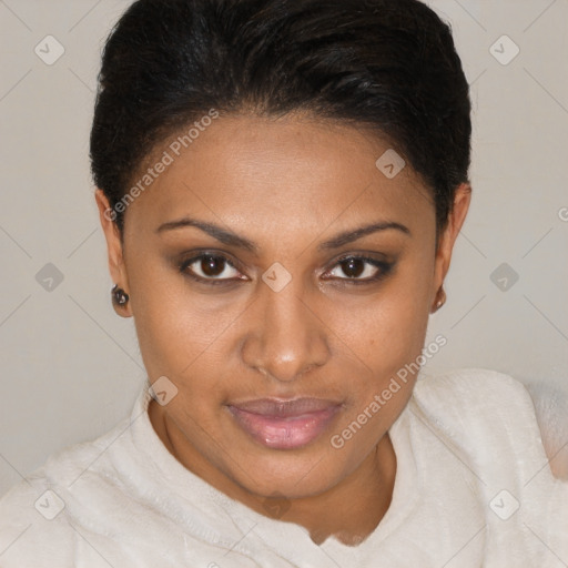 Joyful black young-adult female with short  brown hair and brown eyes