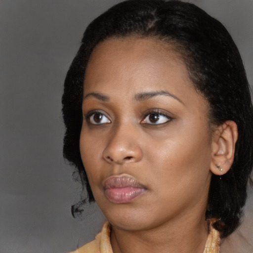Neutral black young-adult female with medium  black hair and brown eyes