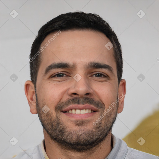 Neutral white young-adult male with short  brown hair and brown eyes