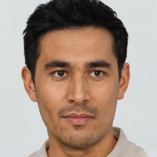 Neutral asian young-adult male with short  black hair and brown eyes