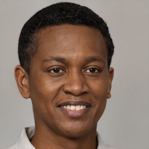 Joyful black young-adult male with short  black hair and brown eyes