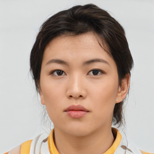 Neutral asian young-adult female with short  brown hair and brown eyes