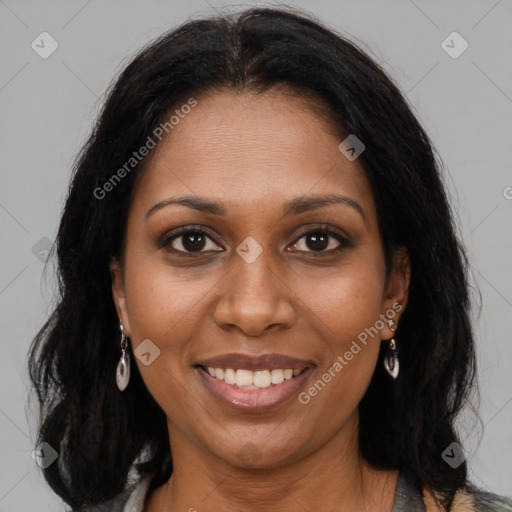 Joyful black young-adult female with medium  brown hair and brown eyes