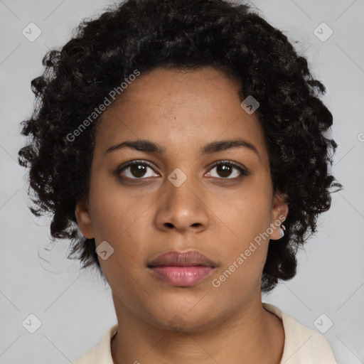 Neutral black young-adult female with short  black hair and brown eyes